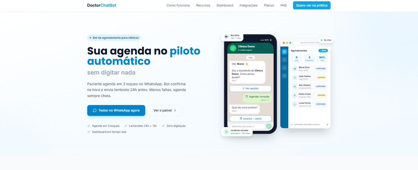 Interface da plataforma DoctorChatBot para gestão e atendimento de clínicas